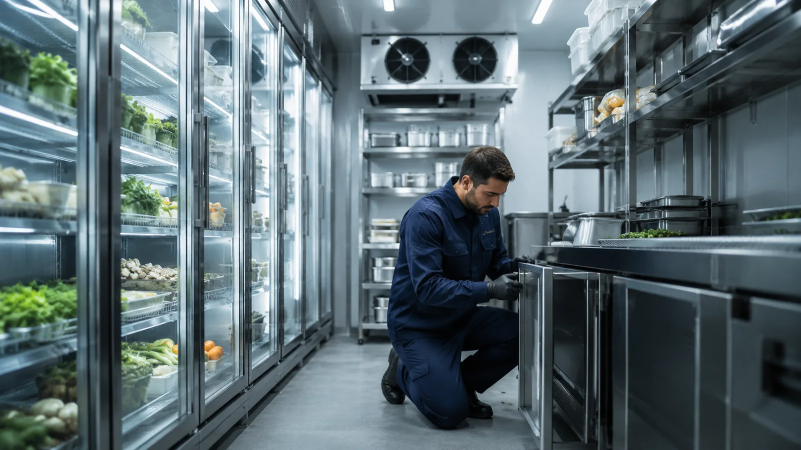 Technicien contrôlant une installation frigorifique professionnelle